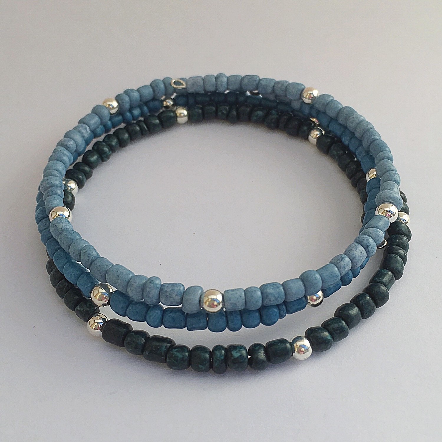 Blue Ombre Bracelet Beaded Memory Wire Bracelet Triple Wrap
