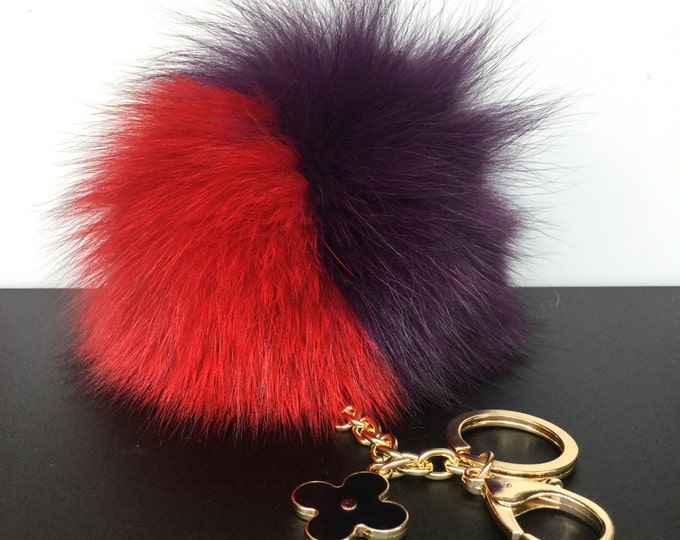 New! Deep Purple Red FW'16 fox fur Pompon bag charm pendant Fur Pom Pom keychain keyring with flower charm