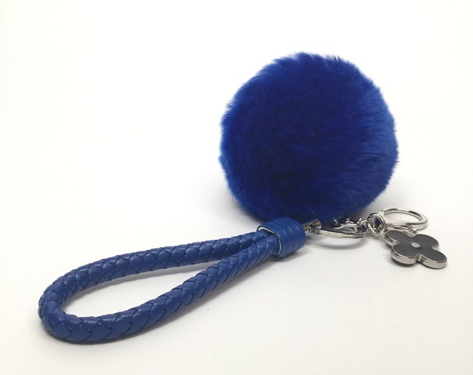 Car keychain fur pom pom puff ball bag rabbit key chain charm in Royal Blue