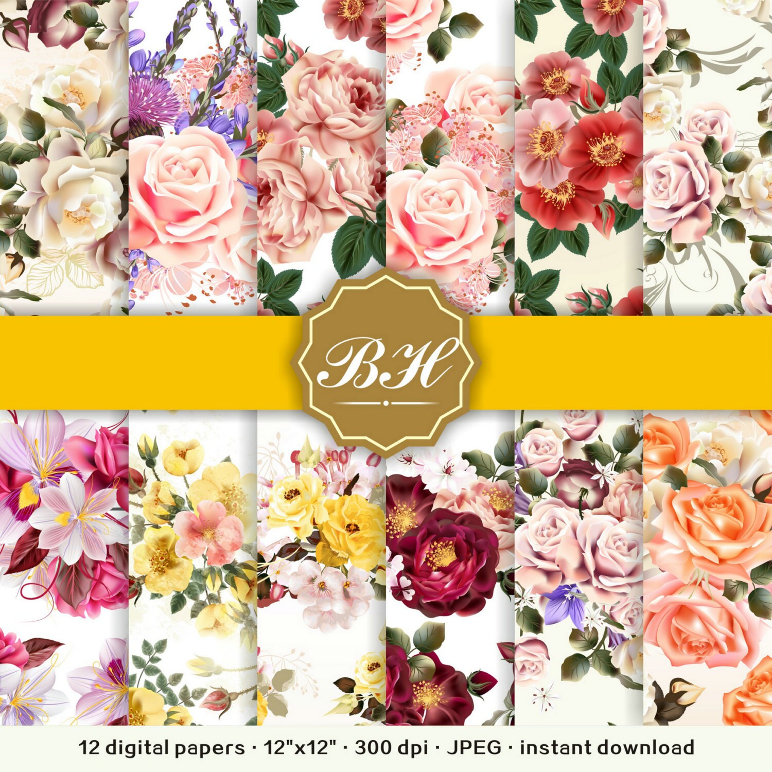 Bright Flower Digital Paper, Rose Digital Paper, Flower Backgrounds ...