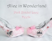 John Tenniel's Classic 1865 Alice In Wonderland Lace Fabric Custom Heel Ribbon Pink Shoe Flat Size 3 4 5 6 7 8 Wedding Bridal Heel UK Women