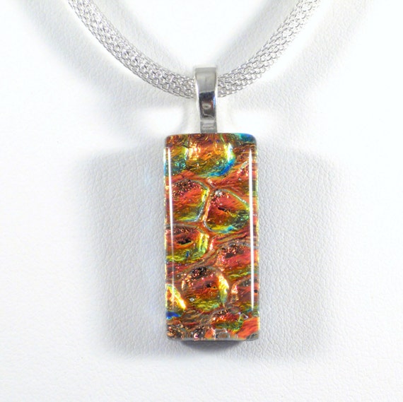 Orange, Coral, Yellow and Gold Pendant Necklace, Fused Dichroic Glass Jewelry, Thanksgiving Jewelry