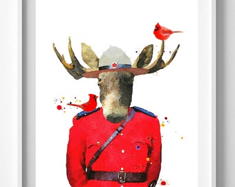 Mountie Moose Print,Canada print,painting,watercolor,art,Pic No 119
