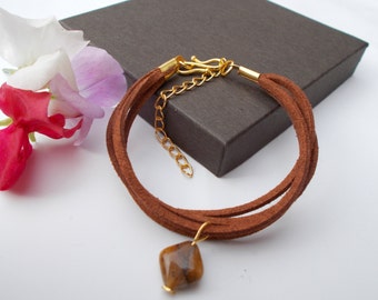 Multi strand bracelet , tiger's eye bracelet , suedette bracelet , gold plated jewelry , gemstone jewelry , brown bracelet , charm bracelet