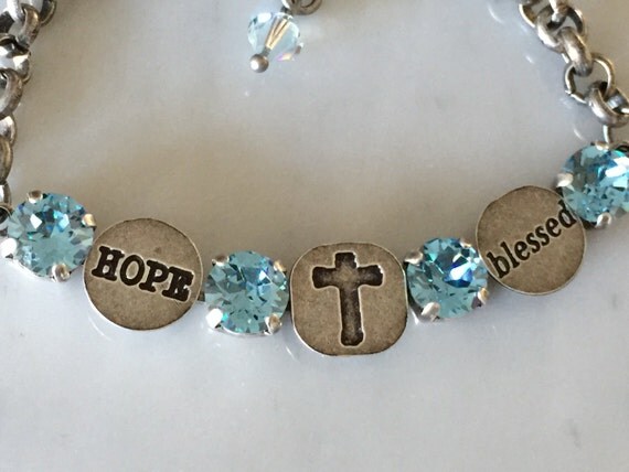 Blessed Bracelet with March Birthstone Aquamarine Crystals, in Antique Silver