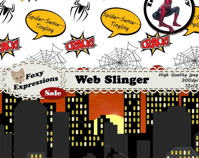 Web Slinger digital paper inspired by Spiderman Comics by Stan Lee. Pack includes spiders, webs, spiderman swinging off building, comic tags