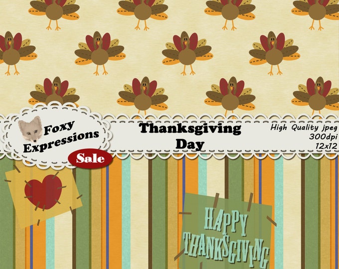 Thanksgiving Day digital paper pack comes in fall colors. Designs include pumpkins, turkeys, leaves, stitches, hearts, descriptive words etc