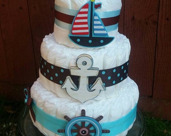 Nautical Diaper Cake, Anchor Away, Baby Boy Diaper Cake, Baby Shower Centerpiece, Nautical Themed Baby Shower, Little Sailor, Diaper Cakep