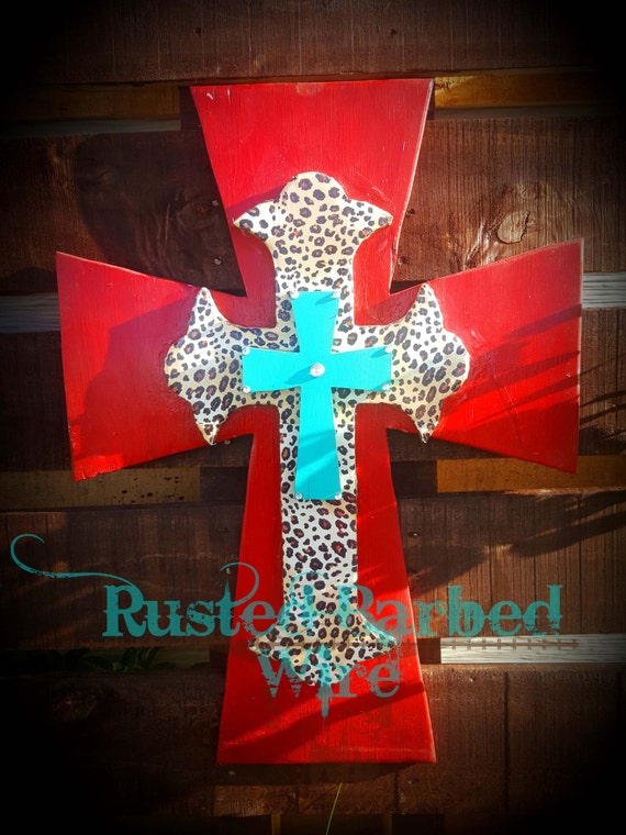 Items similar to Extra Large Western Rustic Wall Cross Red Turquoise
