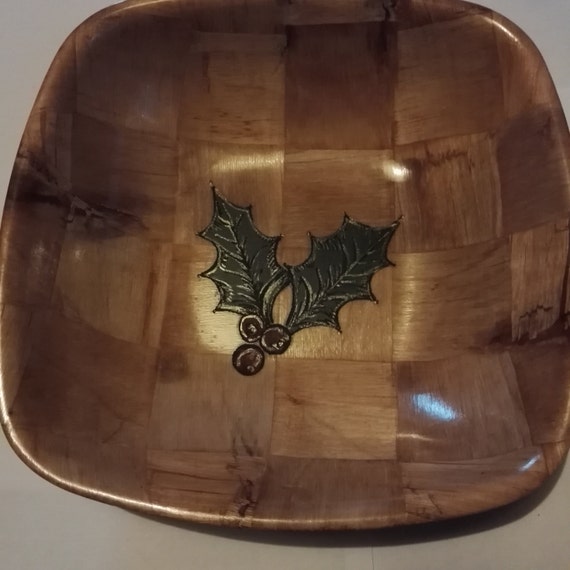CHRISTMAS HOllY hand painted NATURAL bamboo wooden bowl table decoration unique fruit /nut/ egg basket #christmas