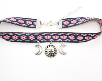 Sun and Moon Choker Necklace. Crescent Moon Choker. Sun Choker. Ribbon Choker. Ribbon Necklace. 90s Grunge Choker. Galaxy Choker Boho Choker