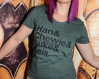 Han Chewie Luke & Leia Geeky Ampersand shirt. American Apparel 50/50, women's fitted sizes small to xl.
