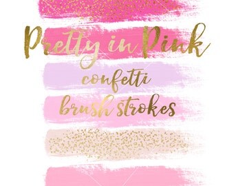 Pink Brush Strokes And Confetti Brush Strokes Clipart Set, Gold Confetti Brush Strokes, Pink, Gold Glitter, Silver Glitter, PNG Clipart