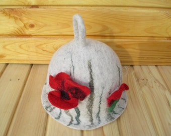 Poppy felted sauna hat Felt art flower unusual hat Boho white costume hat Cosy hat Capelli sauna Gift for her Sauna lover hat Wool hat