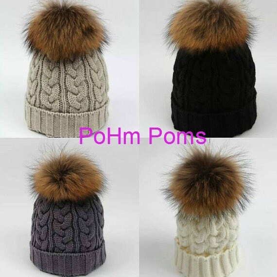 own pom pom hat your design Real Pom Beanie Bobble Cable Ball Hat Knit Wool Raccoon Pom Warm Fur