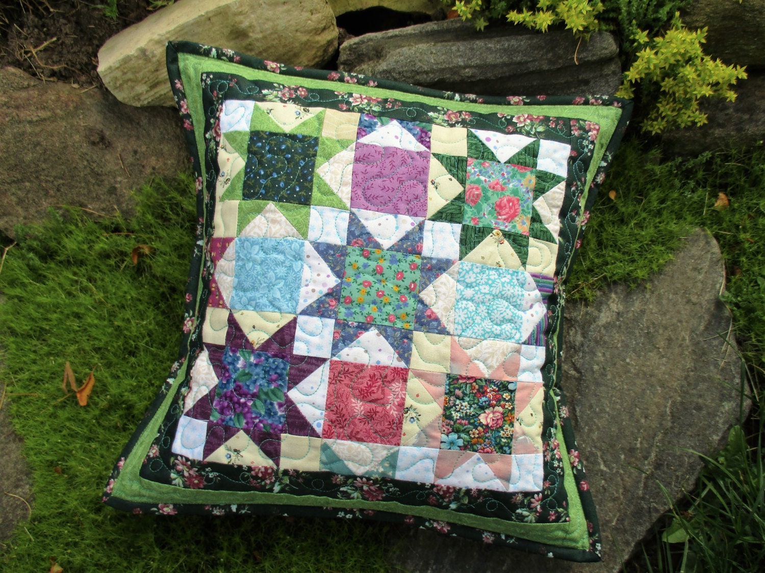 Green Quilted Throw Pillow Floral Patchwork Pillow Cover