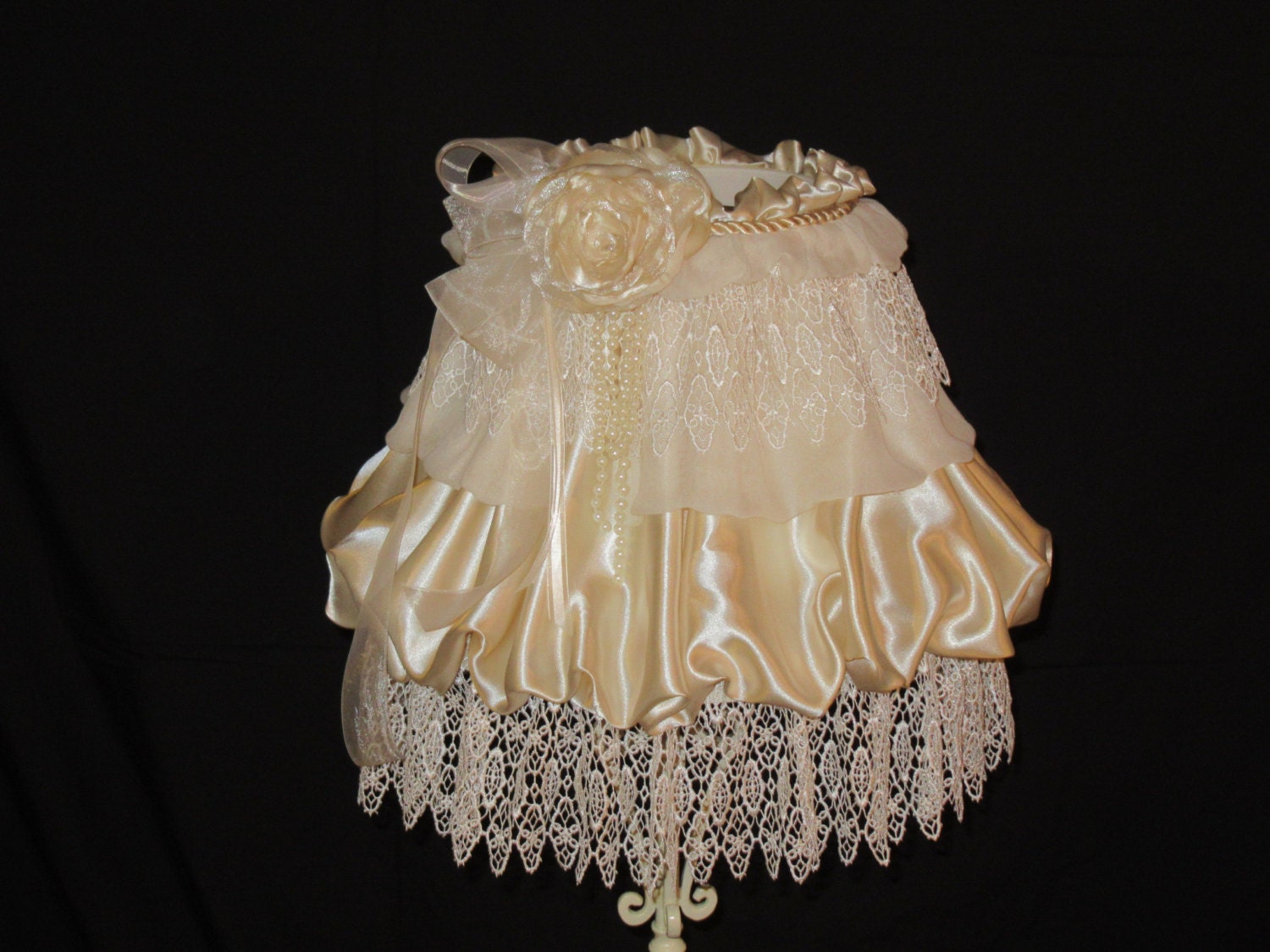 Cream/ Ivory Satin & Lace Lamp Shade Handmade Peony Rose