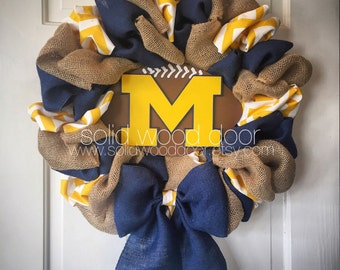22" Spring Wreath, Summer Football Wreath, Michigan Football Burlap Wreath, Michigan Wreath, VERY FULL!, Blue and gold wreath, college footb