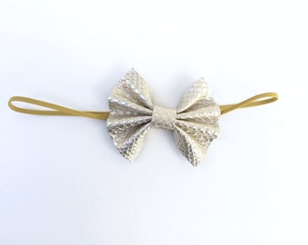 Gold Leather Bow on Elastic Headband or Clip