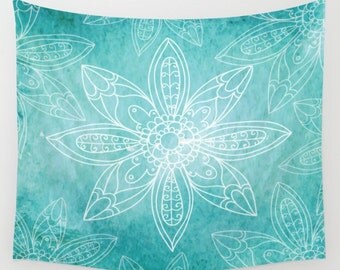Teal Flowers Wall Tapestry Yoga Meditation Mandala Wall Hanging