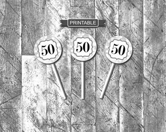 Silver and Black Sparkle 50th Birthday Party Decoration Printable Digital Cupcake Toppers PDF Instant Download