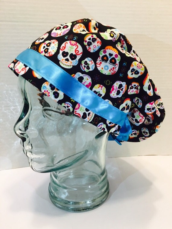 Scrub Hat European with Teal Satin Trim Sugar Skull