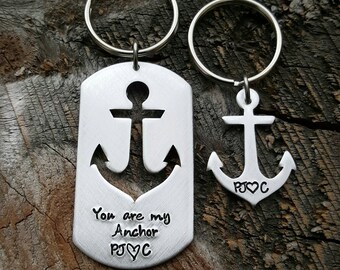 Anchor Keychain Gift Set Couples Gift You Are My Anchor Dog Tag Set Hand Stamped Anchor Keychain Anniversary gifts for boyfriend husband