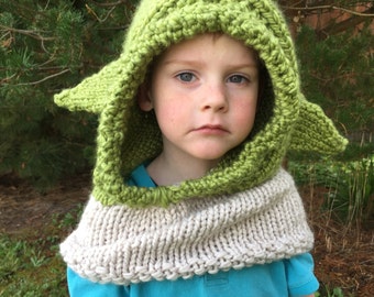 Knitted Yoda inspired hood/balaclava