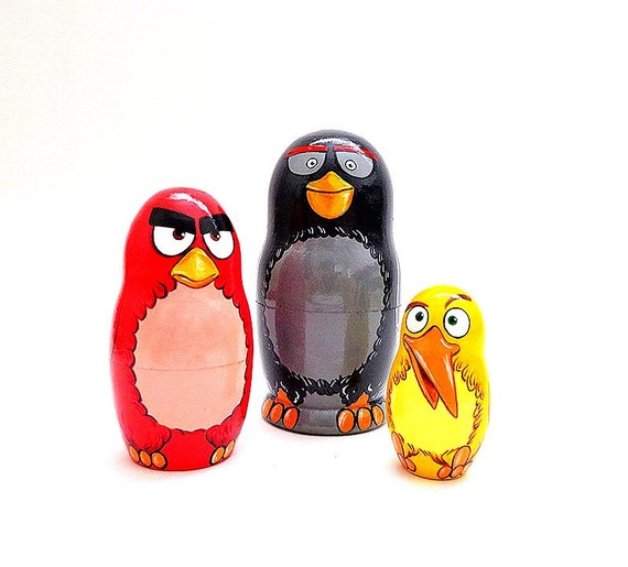 Funny Birds nesting dolls russian wooden 3 pcs by RusVernissage