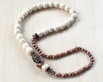 Buddhist Prayer Bracelet,Mala 27 Meditation,Tool Tibetan Jewelry,Antique Copper Buddha,Howlite Beads,Zen Mala Bracelet,Prayer Wrist 27 Mala