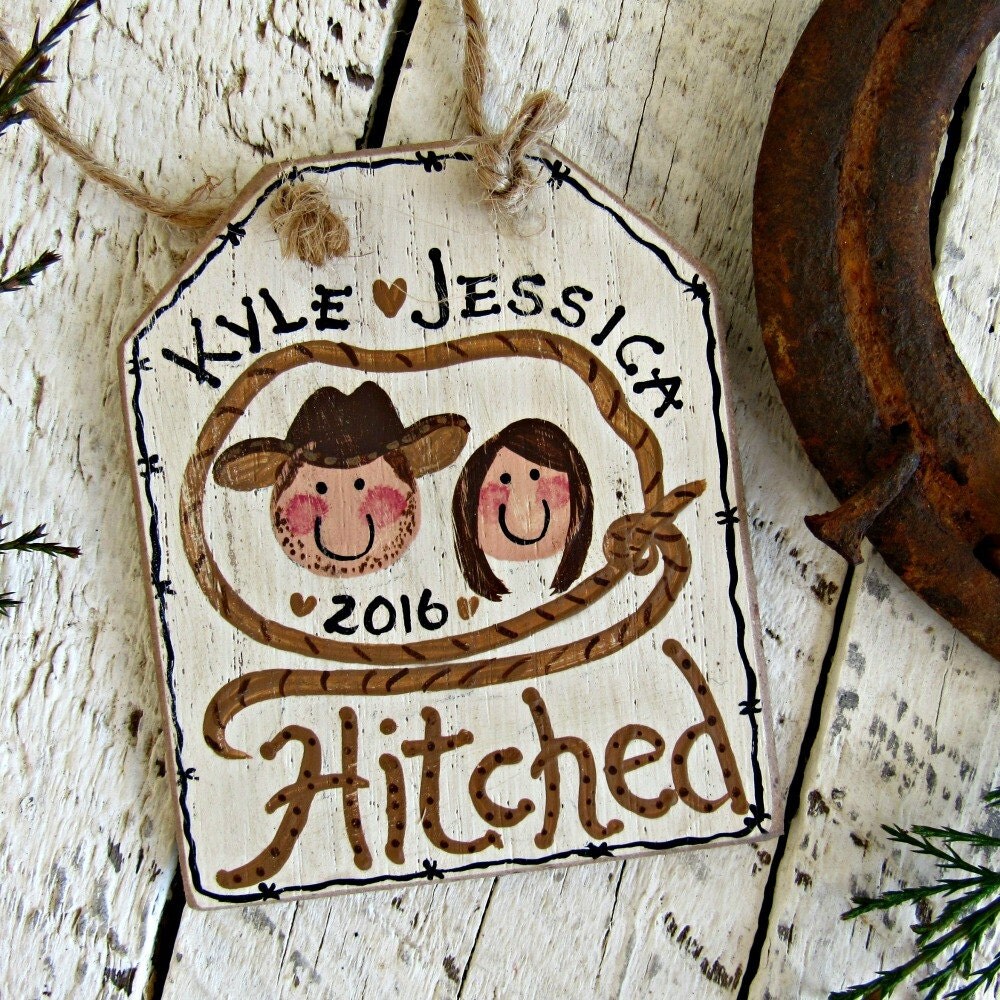 Just Hitched Ornament Western Wedding Gift Personalized