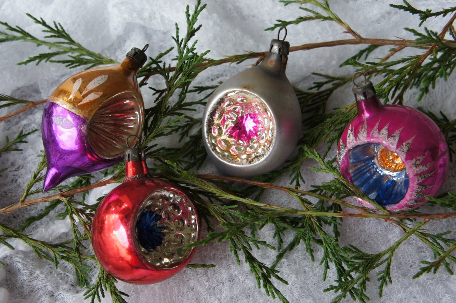 Vintage Mercury Glass Ornaments with Indented Designs from