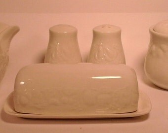 Vintage Fruit De Blanc Salt and Pepper Set,Gravy Boat,Butter Dish,and Cream and Sugar Set