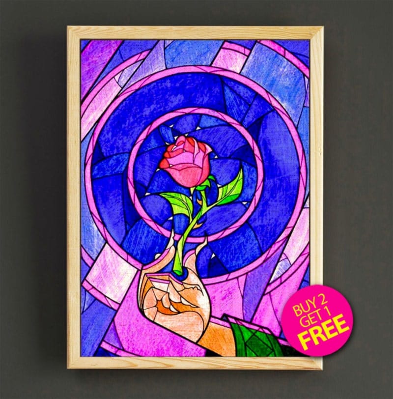 Beauty and the Beast Print Stained Glass Rose Poster Cursed