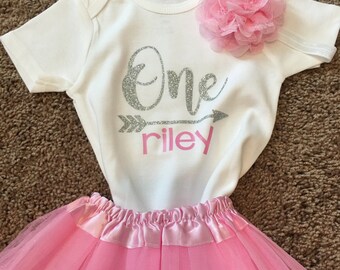 1st Birthday Outfit - First Birthday Outfit - One Onesie - Birthday Tutu - Baby Headband - Glitter - Girls Birthday