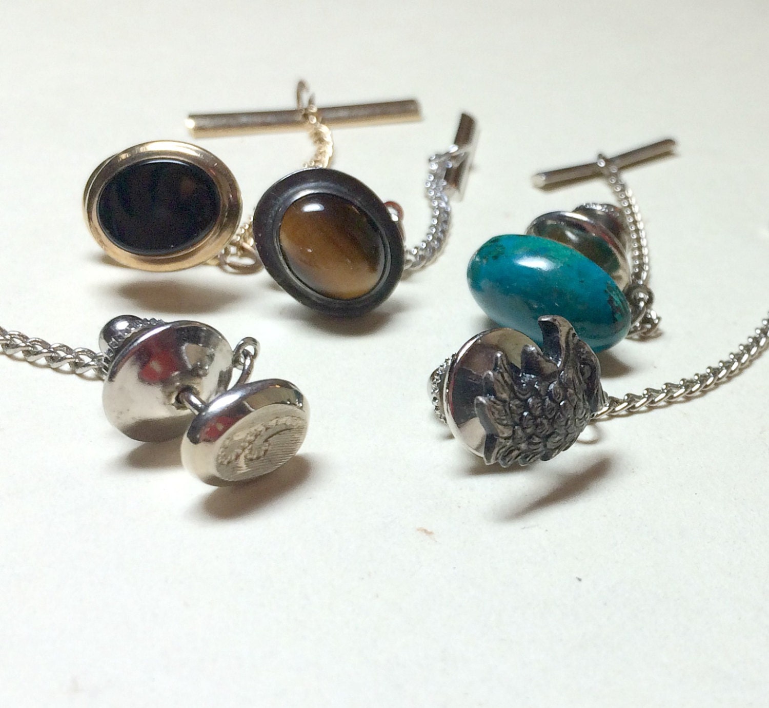 Lot of 5 vintage tie tacks with chain and bar vintage tie tack