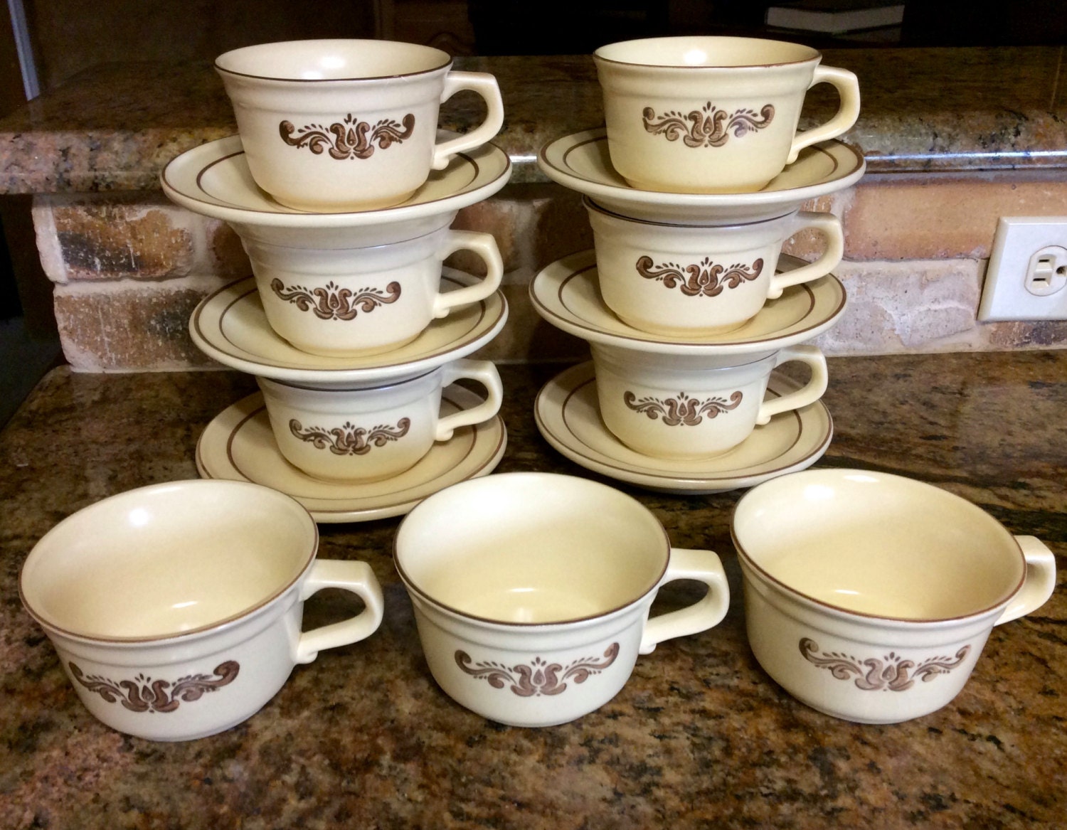 Vintage Pfaltzgraff Village Pattern Flat Cup and Saucer Sets