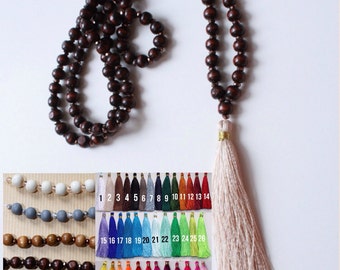 Custom wooden and glass beaded tassel necklace