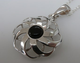 WHITBY JET Celtic Round Pendant set in solid sterling silver