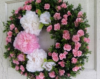 Pink and White Peony Wreath, Pink Rose Wreath, Boxwood Wreath, Front Door Wreath, Summer Wreath