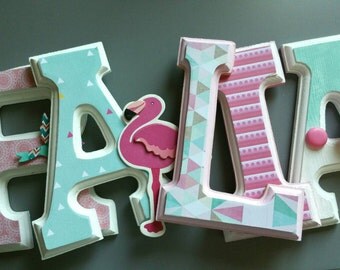 Wooden letters personalized decoration mural/Wood /decoratif letter /Wooden letters / girls room/birds/aqua/turquoise/Flamingo Pink