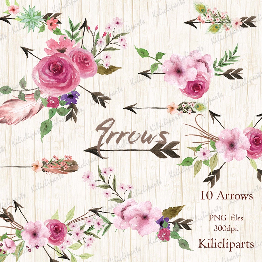 Download Arrows Watercolor Clipart. 10 Hand painted arrows feathers