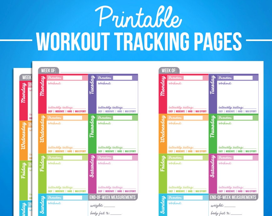 Printable Workout Fitness Trackers Planner Journal Diary Pages