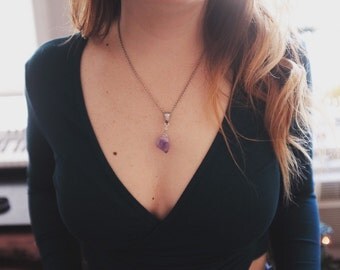 Amethyst Drop - dainty raw amethyst necklace with antique silver or bronze chain