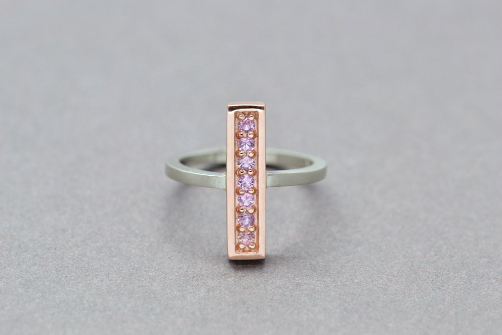 10k White & Rose Gold Bar Ring, Pink Sapphire Ring, Contemporary Bar Ring, Sapphire Line Ring, Pink Gemstone Ring, Modern Bridal Ring