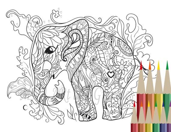 Elephant Coloring Page Adult Coloring Page by MNaArtAndGraphics