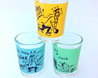 SALE 15% OFF, Bowling Tumblers, Shot Glasses, Humorous Sport, Barware, Set of 3, Sport Humor, Vintage Glassware, Vintage Sport Graphics