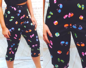 NEON SUNGLASSES CROP,HIgh Waist,Capri,Preppy,BLack Pants