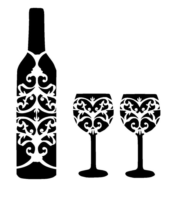 Download 6/6 vintage wine bottle and glass's stencil.