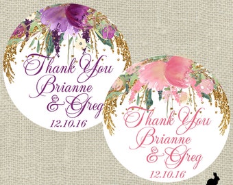 Wedding Favor Stickers - Thank You, Bridal Shower Purple or Pink Floral (12) 2.5 inch (20) 2 inch (24) 1.67 inch circle stickers - Favor Bag